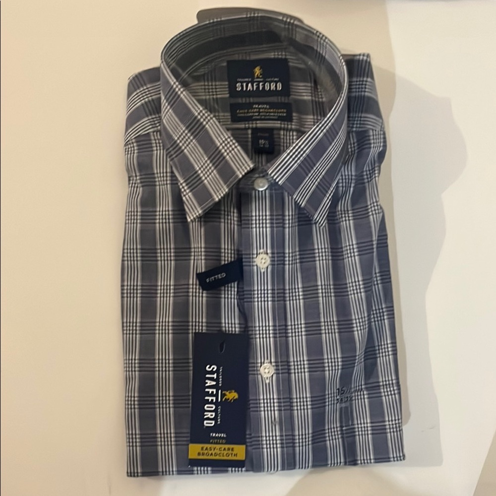 Stafford Blue and White Dress Shirt with Plaid‎ Design